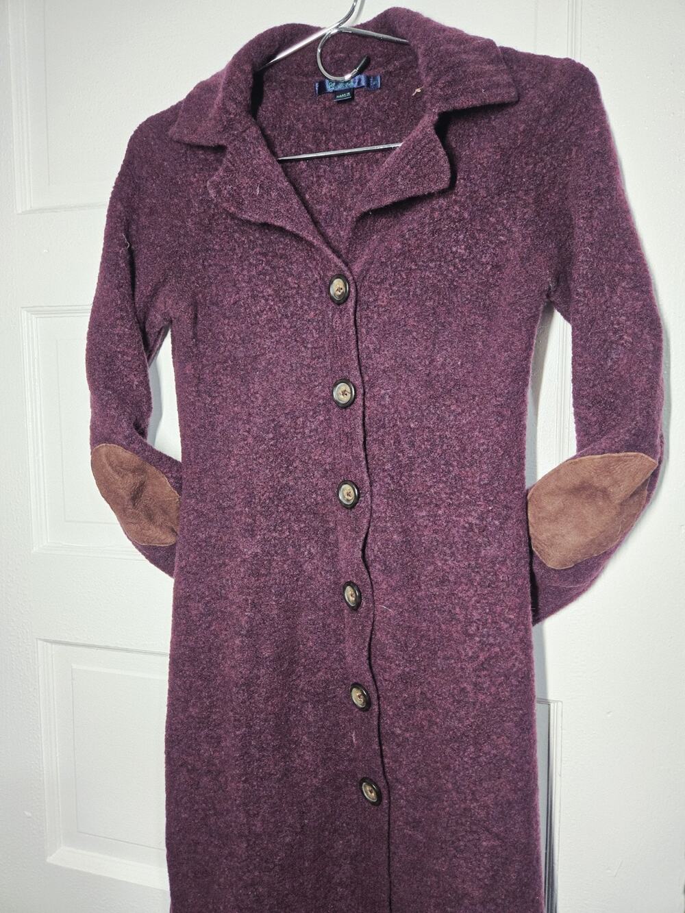 Boden Long Wool Cardigan XS Purple Elbow Patches Fair Isle Knit Fall Winter Look
